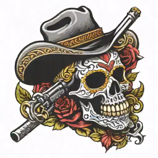 Mexican Bandido Sugar Skull Holding Revolver And Scythe