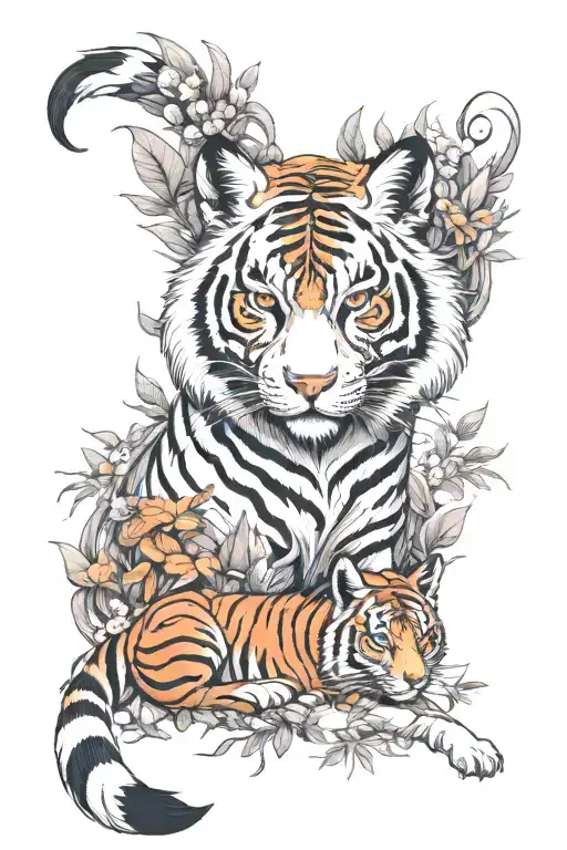 Full Body Fox And White Tiger Surrounded With Nature