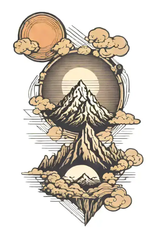 Single Mountain And Moon Surrounded By Straight Vertical Lines