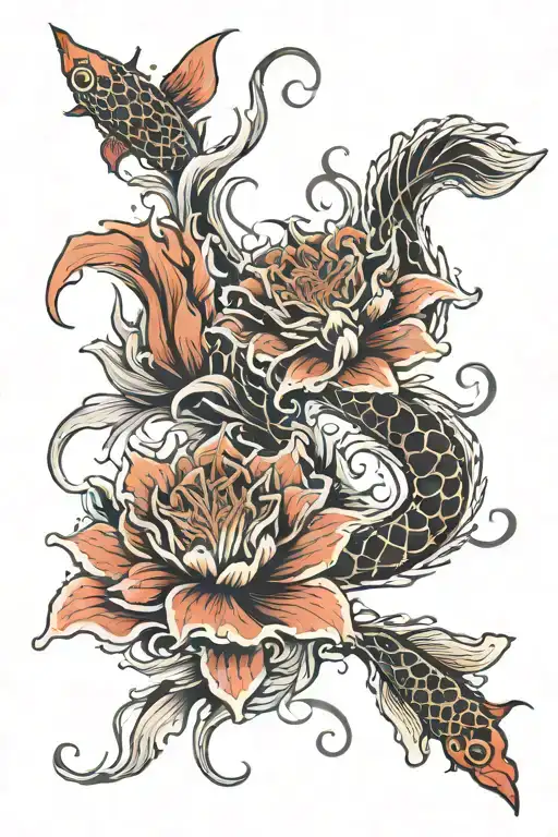Spine Tattoo With Spider Lilly And 2 Koi Fish Swimming