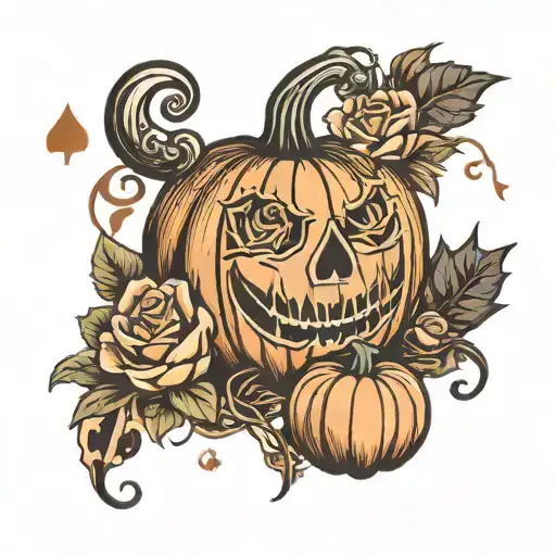Pumpkin Surounded By Rose Chef Knife And Playing Cards