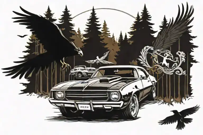 Bavk View Of A 69' Camero Driving Through The Woods With A Raven Flyinf Above The Car