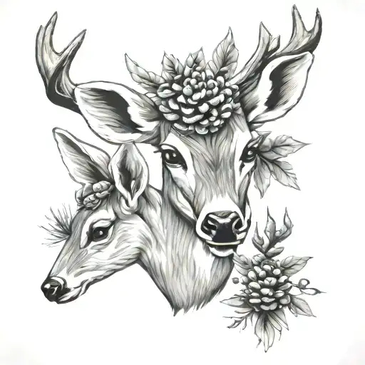 Doe With 2 Baby Doe 1 Baby Buck Head With Pinecones