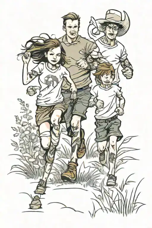 Brothers Sister Runs In The Field With Dad