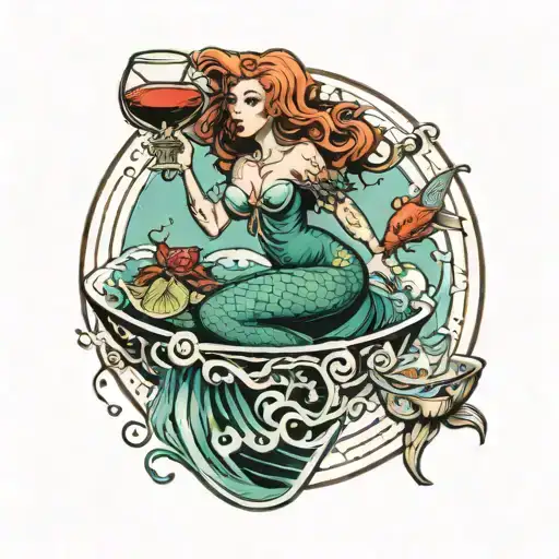Mermaid In A Martini Glass With Medusa And Lady Vampire In The Background
