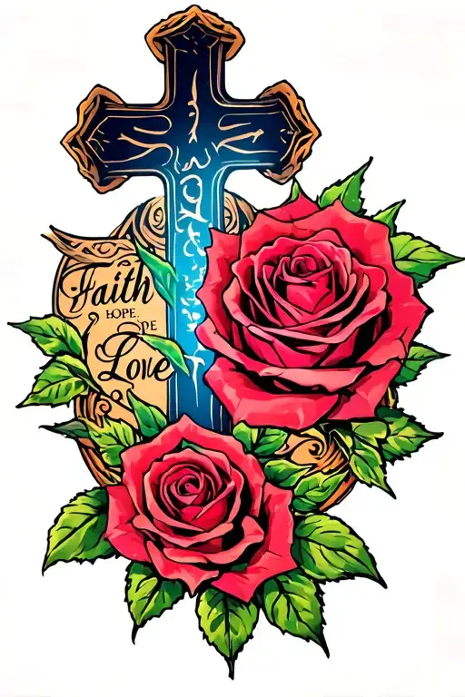 Rose With Cross Surrounded By Faith Hope Love