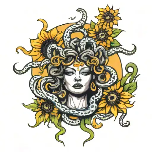 Medusa Head With Snakes And Sun Flowers