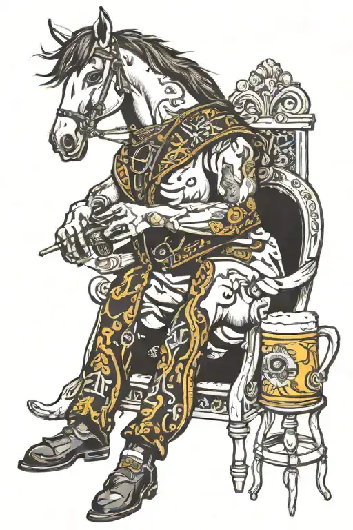 A Horse Sitting In A Chair With A Cigarette In Its Mouth And A Beer In Its Hand
