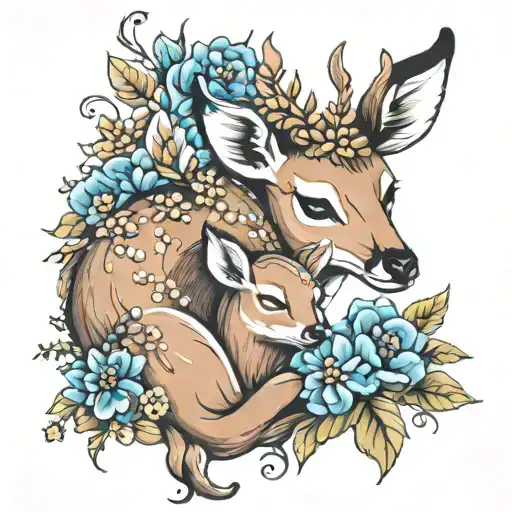 Mom And Baby Deer Sleeping With Flowers