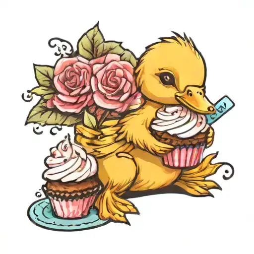 A Baby Duckling Holding A Cupcake