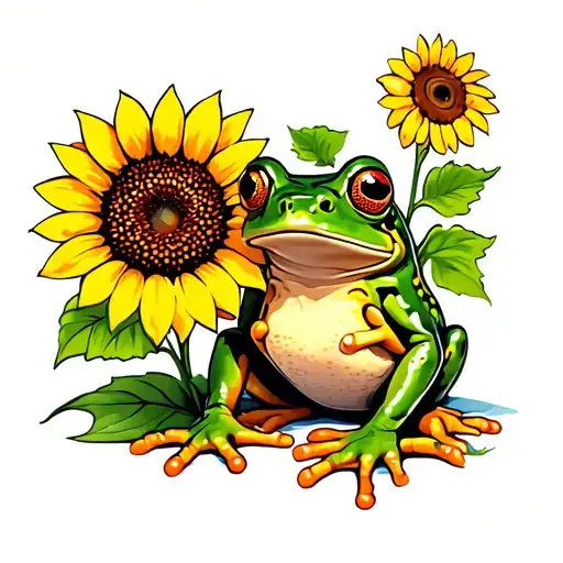Whimsical Frog Sitting With Sunflower Growing