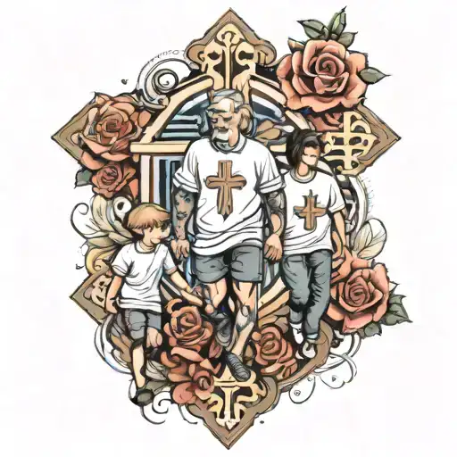 Father And Son Walking In A Cross Surrounded