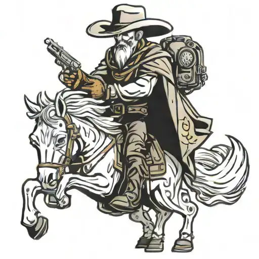 Gost With Couwbpy Boots And A Cowboy Hat On A Horse With A Gun