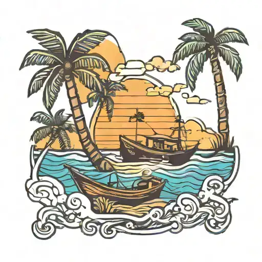 Beach Palms Divingboat Scubadivers Sunset