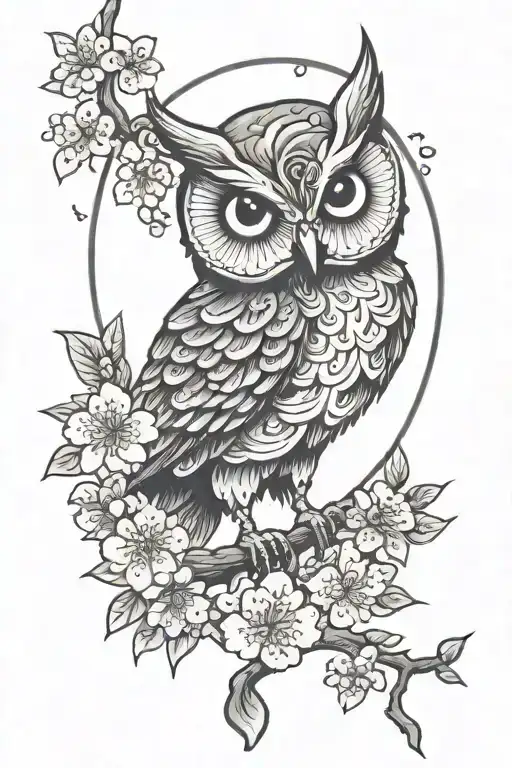 Cute Owl With A Moon And Cherry Blossoms