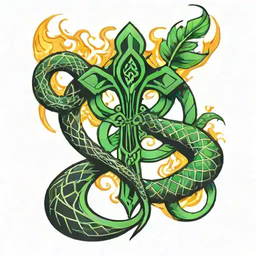 Ankh On Fire With Snake Intertwined One Black And One Green