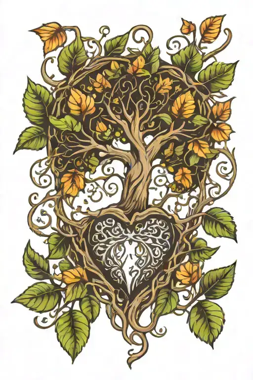 Tree Of Life With Leaves Growing And Falling And The Roots Are Growing Around A Heart