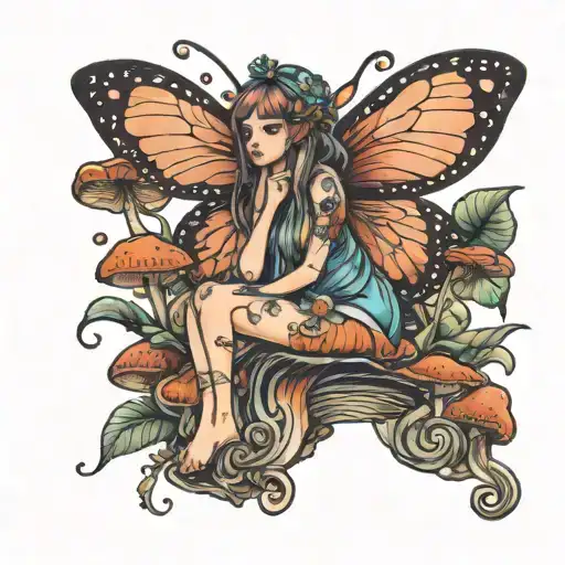 Fairy On Mushroom Surrounded By Flowers