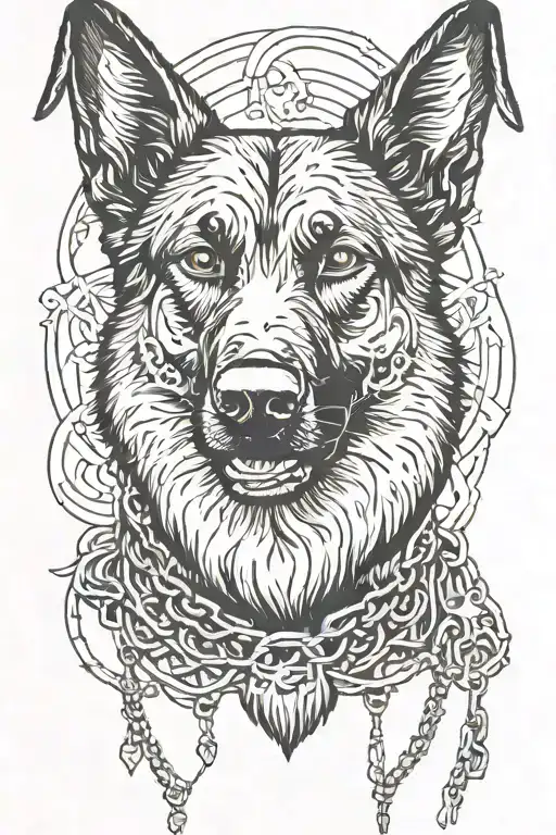 Working Black German Shepherd In Creepy Style With Chain On Neck