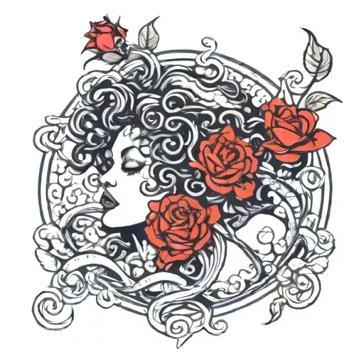 Medusa Surrounded By Roses In A Pond