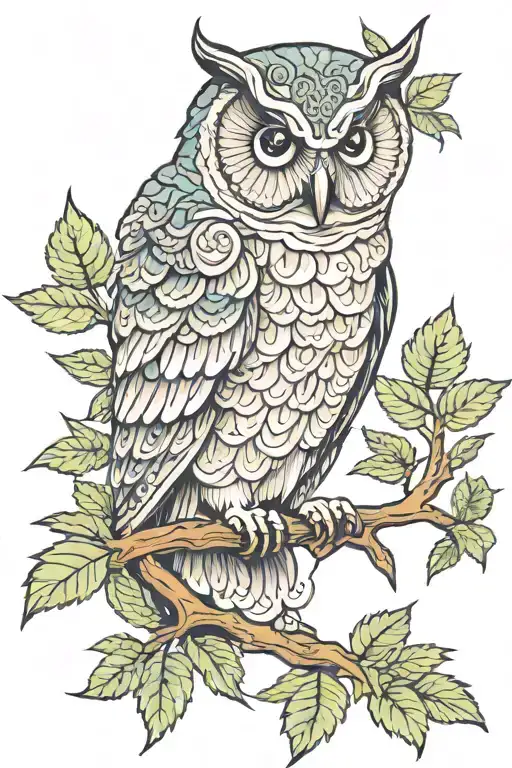 Feminine Owl With West Coast Trees Perched On Marijuana Branch