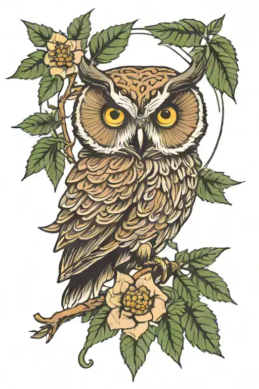 Feminine Owl Sitting On A Marijuana Branch Tattoo With West Coast Trees In Background
