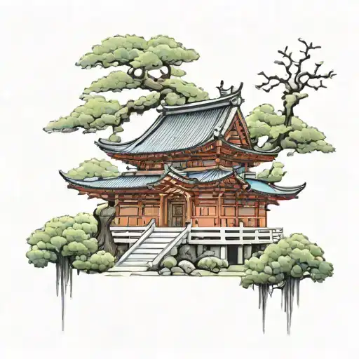 Japanese Temple With Tree Growing