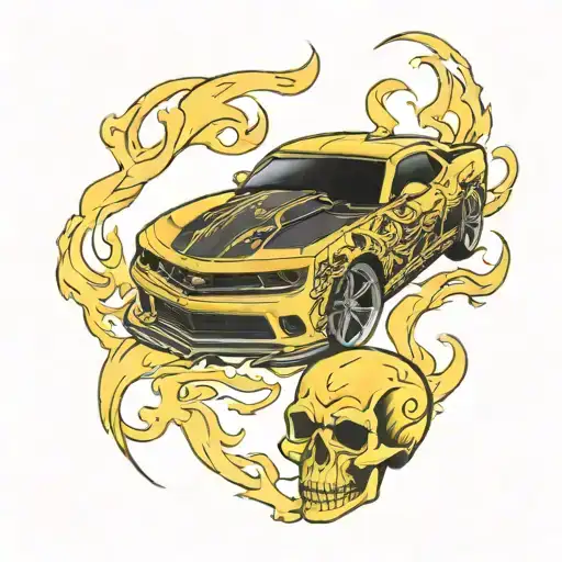 Yellow Race Camaro With Mechanical Skull And Flames