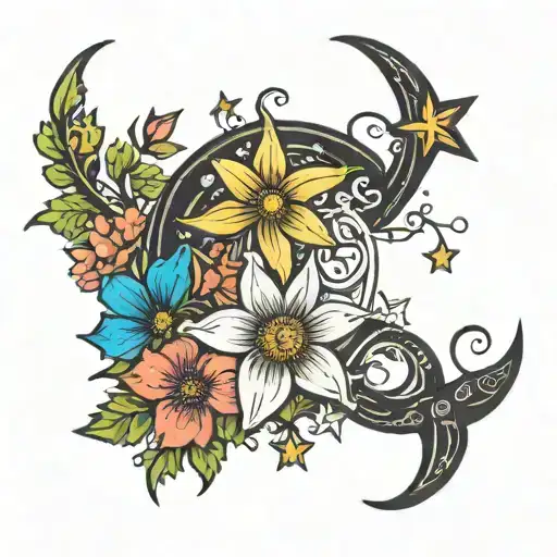 Crescent Moon Of Flowers And Two Stars Thin Lines Colored Bright Without Blurring