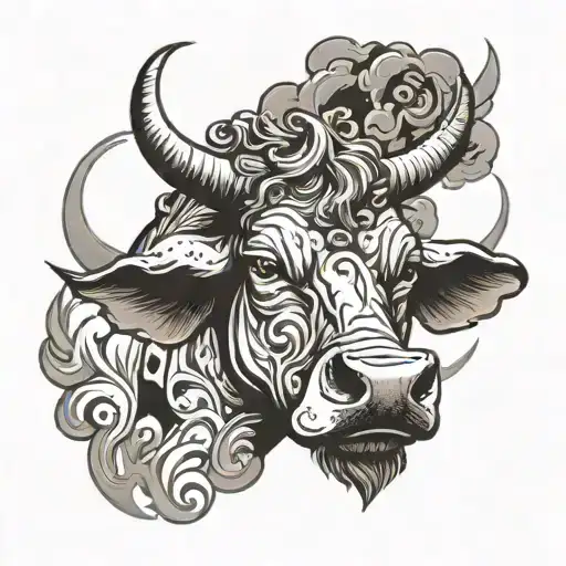 Head Of A Fierce Cow With Smoke Coming And Waves Background