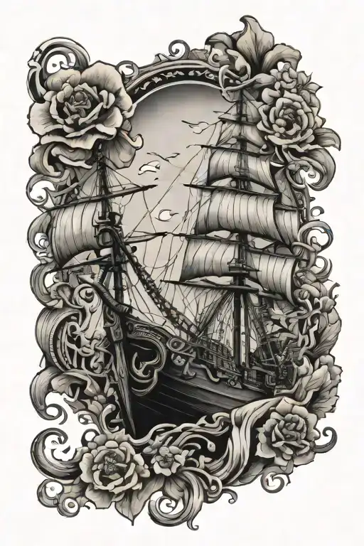 Kraken Attacking A Ship And Poppy Flowers