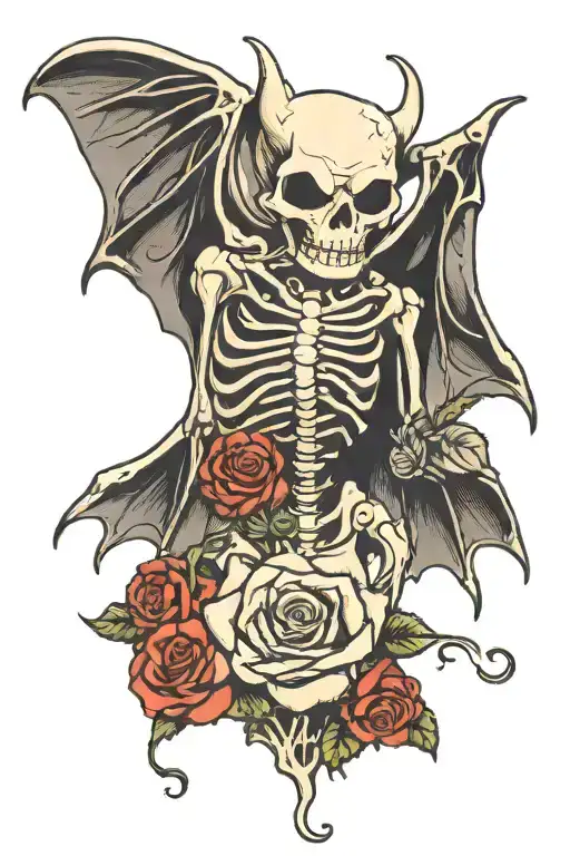 A Happy Bat Skeleton With A Heart And With A Rose Intertwined