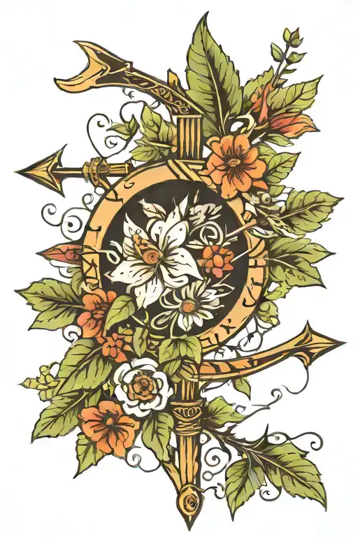 Native American Arrow With Vines And Flowers Growing