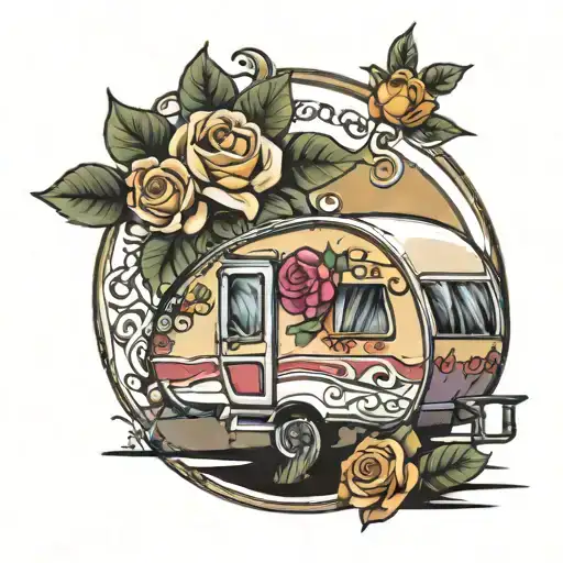 Traditional Gypsy Bell Top Caravan With One Neo Traditional Rose In The Background