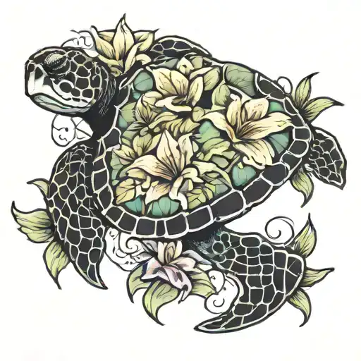 Sea Turtle And Cali Lilly Flower Intertwined