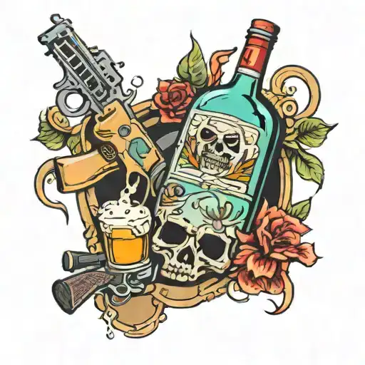 Swimming Pool Full Of Liquor Bottle And Gun