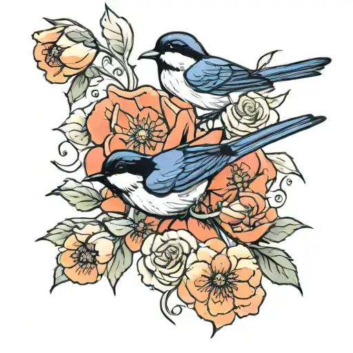 Swallow Bird Roses Intertwined Poppies Blooming Chickadee