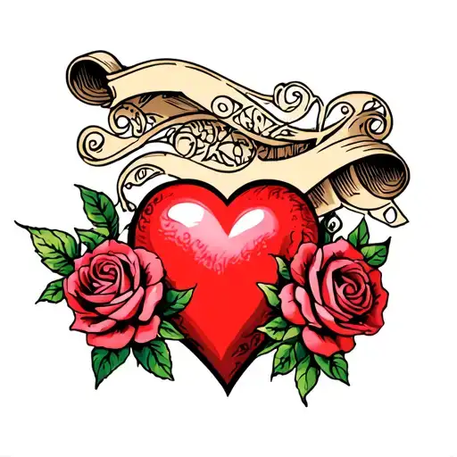 Red Heart With A Scroll And Roses