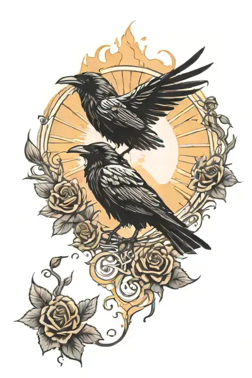 Raven Standing With Sun Rising And Black Roses Growing