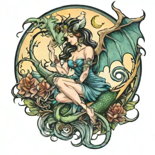 Fairy Holding Dragon With Moon Background