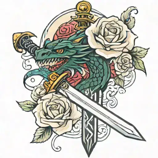 Sword With A Dragon Wrapped Around It And A Rose Surrounding The Sword