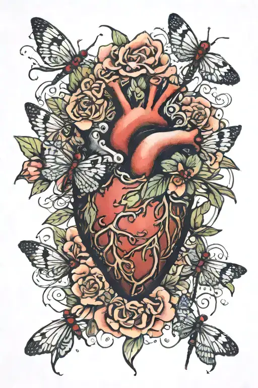 An Anatomical Heart Entwined With Blooming Flowers And Dragonflies Under A Full Moon