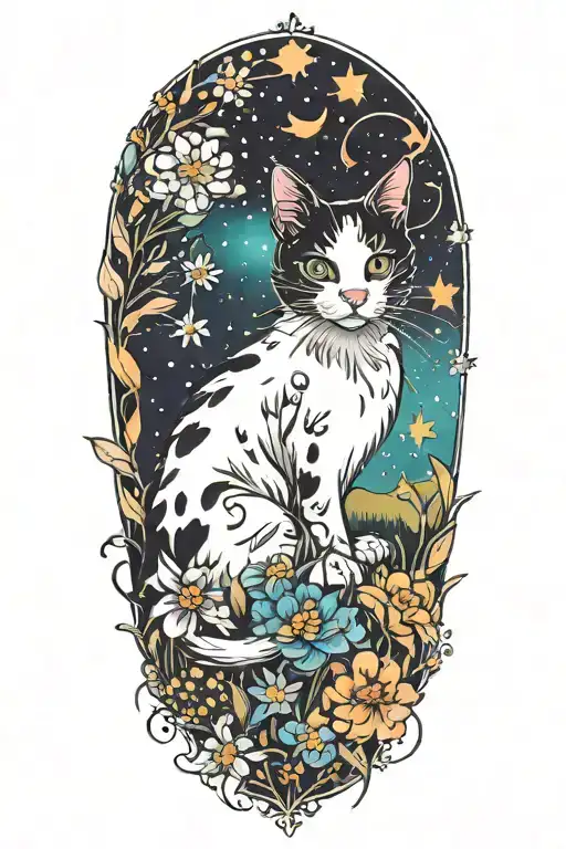 A Black And White Cat Exploring A Field Of Colorful Flowers Under A Starry Sky
