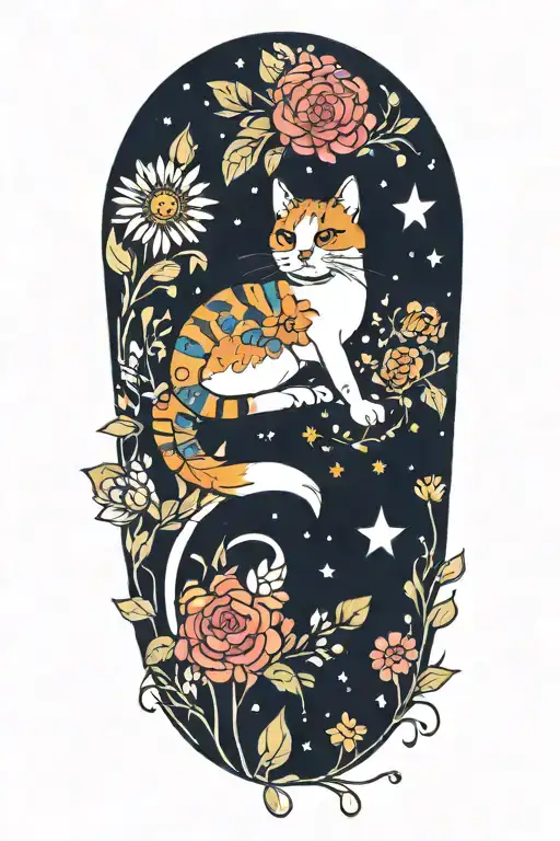 A Cat Exploring A Field Of Colorful Flowers Under A Starry Sky