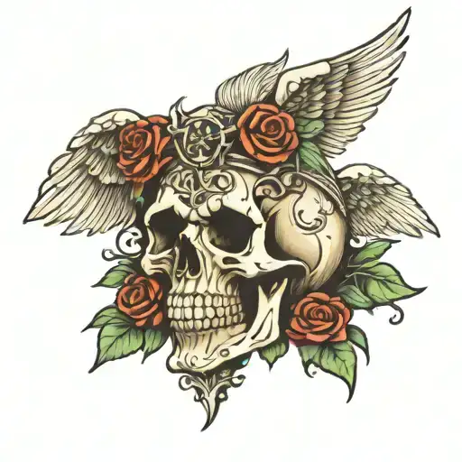 Skelton Jesus Skull Wearing Thorn Rose Crown In Middle Of Cross With Angle Wings