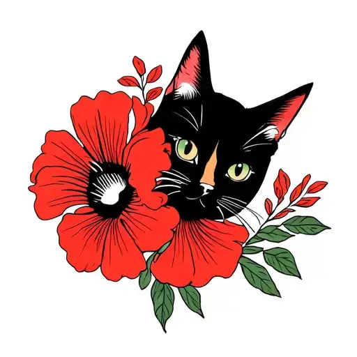 Mid Century Modern Flower In Color Red With Cat