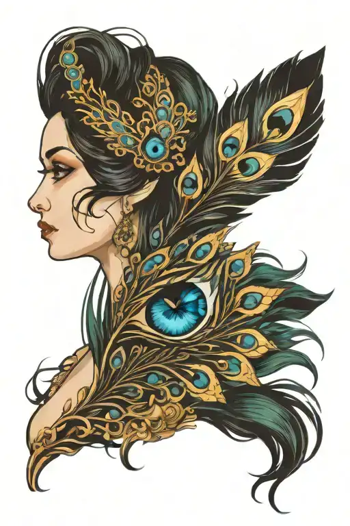 Peacock Feather Side Profile Of Women's Face One Eye