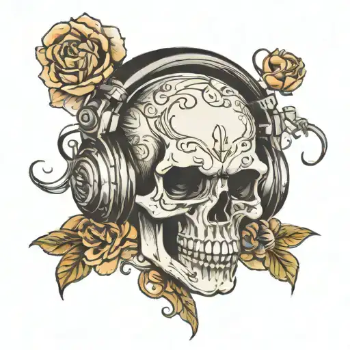 Skull Wearing Headphones And Smoking