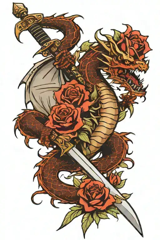 Western Dragon With Roses And A Sword In The Middle