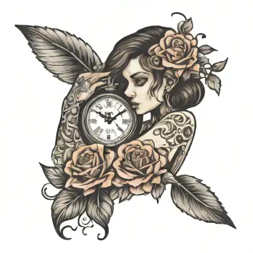 Girl Half Dead Half Alive With Flowers And Clock